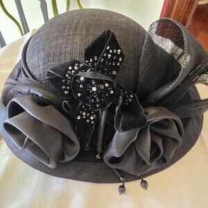 NWT Elite Champagne black hat, w/satin roses, velvet ribbon and gemstones